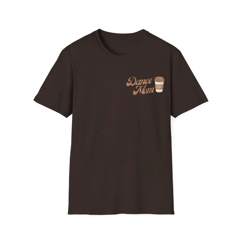Brown t-shirt with ’Dance Mom’ text and coffee cup design on the chest.