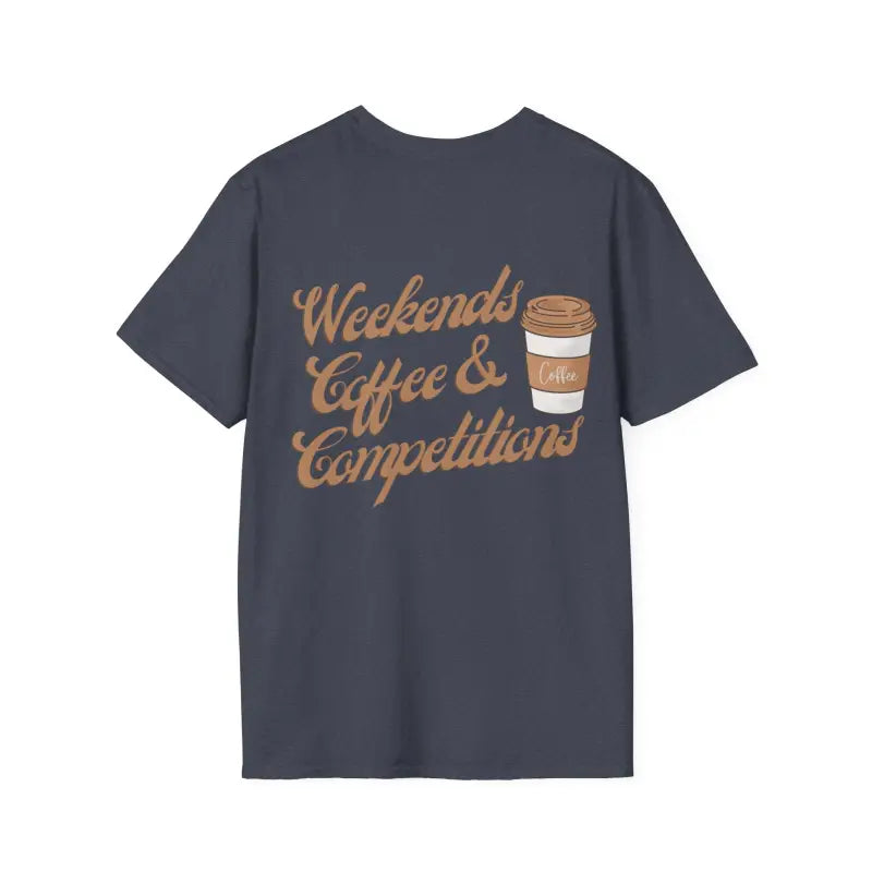 Dark gray t-shirt with ’Weekends Coffee & Competitions’ text and coffee cup graphic printed on it.