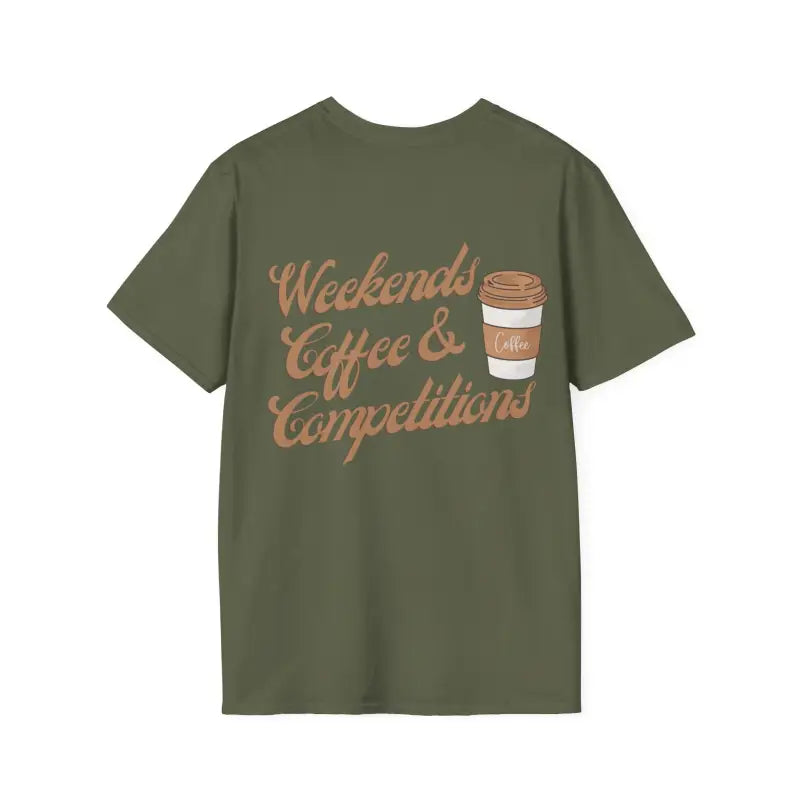 Olive green t-shirt with ’Weekends Coffee & Competitions’ text and coffee cup graphic in copper-colored lettering.