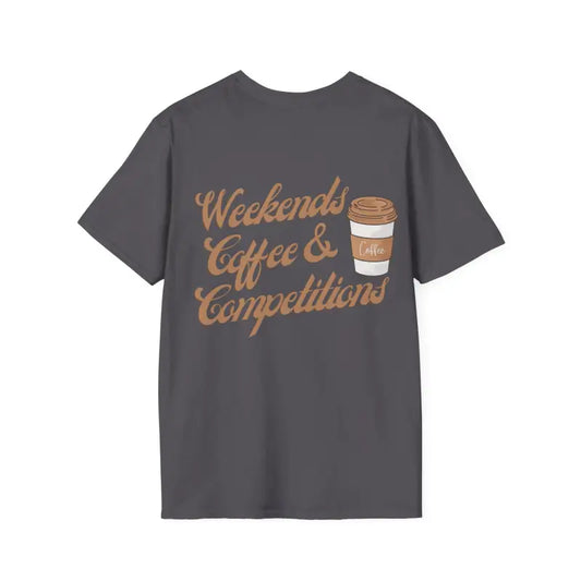 Gray t-shirt with ’Weekends Coffee & Competitions’ text and coffee cup graphic in brown lettering.