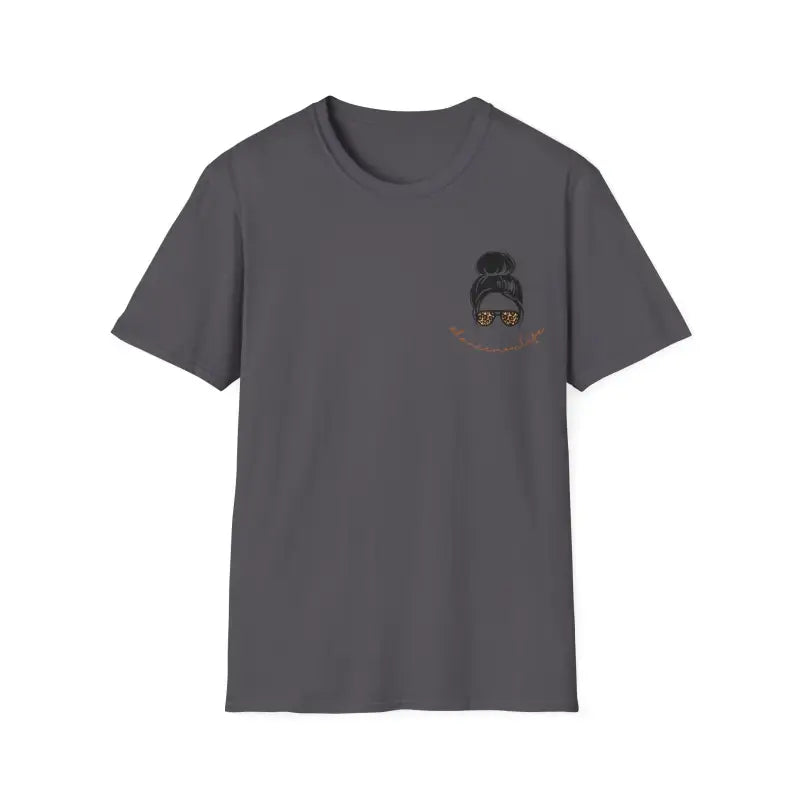 Dark gray t-shirt with a small cartoon character design on the chest pocket area.