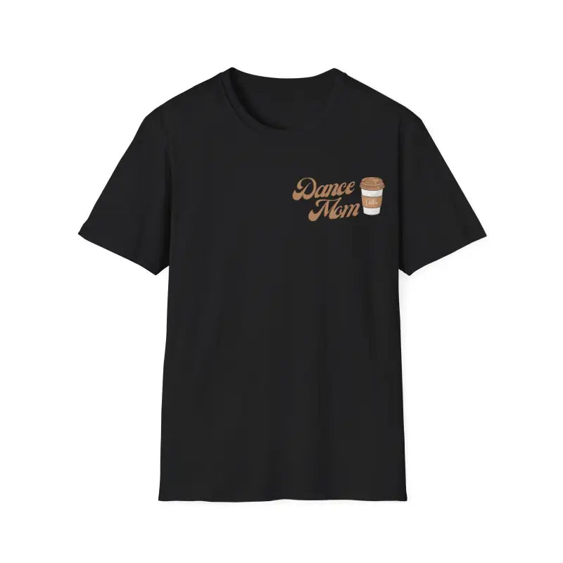 Black t-shirt with ’Dance Mom’ text and coffee cup design in brown tones.