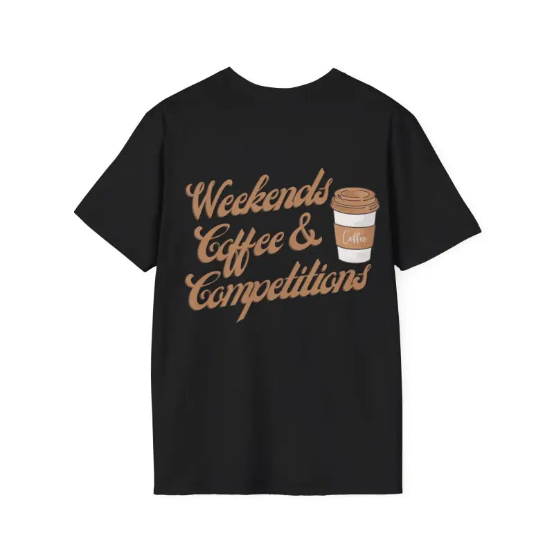 Black t-shirt with ’Weekends Coffee & Competitions’ text and coffee cup graphic in brown lettering.