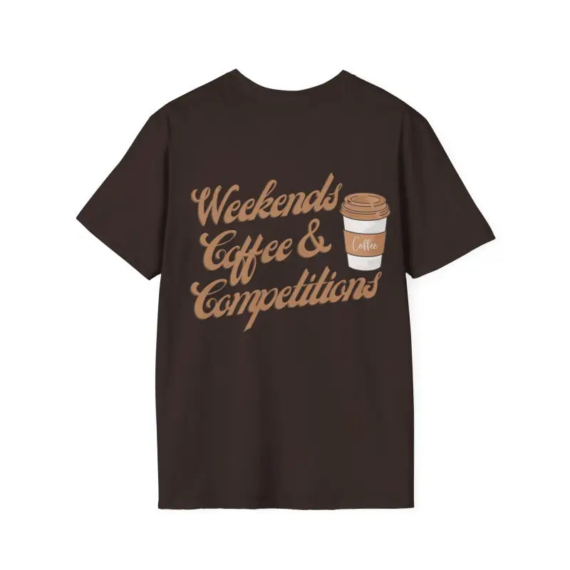 Brown t-shirt with ’Weekends Coffee & Competitions’ text and coffee cup graphic.