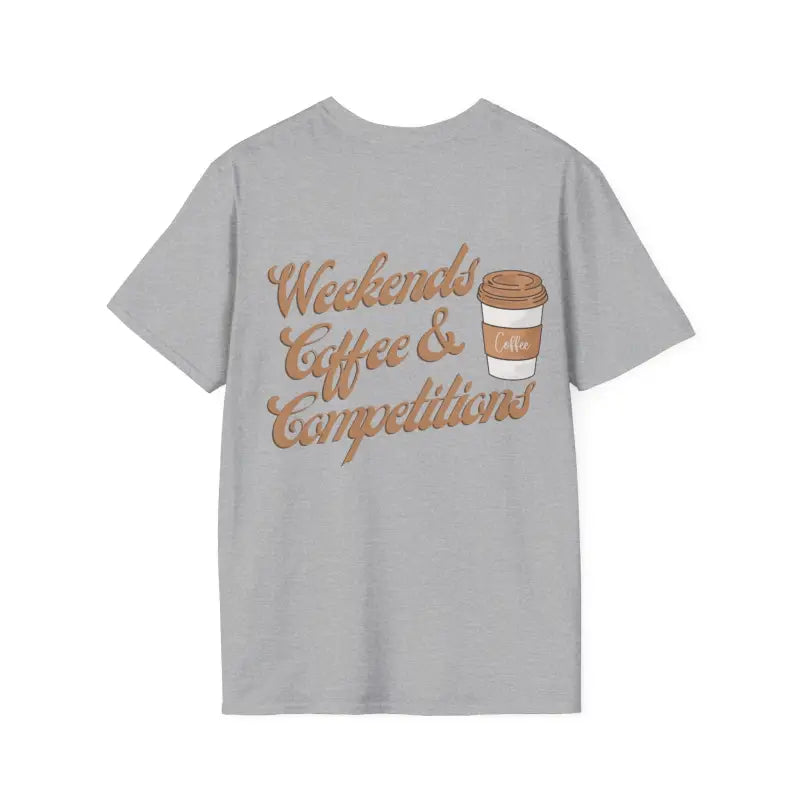 Gray t-shirt with ’Weekends Coffee & Competitions’ text and coffee cup design in brown lettering.
