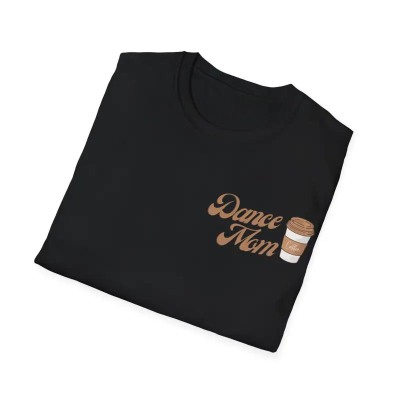 Black t-shirt with ’Dance Mom’ text and coffee cup design in brown tones.