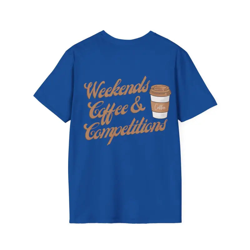 Royal blue t-shirt with ’Weekends Coffee & Competitions’ text and coffee cup graphic in tan/brown lettering.