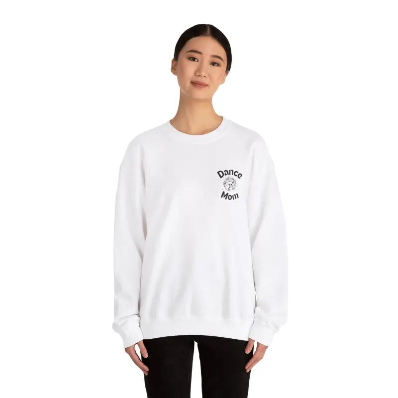 White crewneck sweatshirt with a small printed logo on the chest.