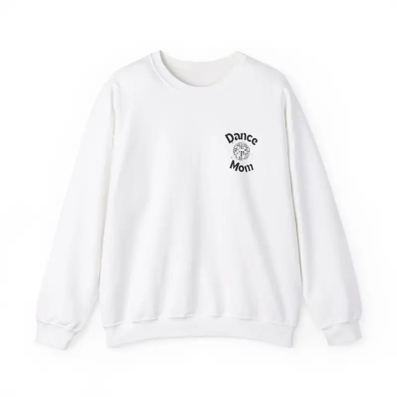 White crewneck sweatshirt with a small ’Dance Mom’ text and graphic on the chest.