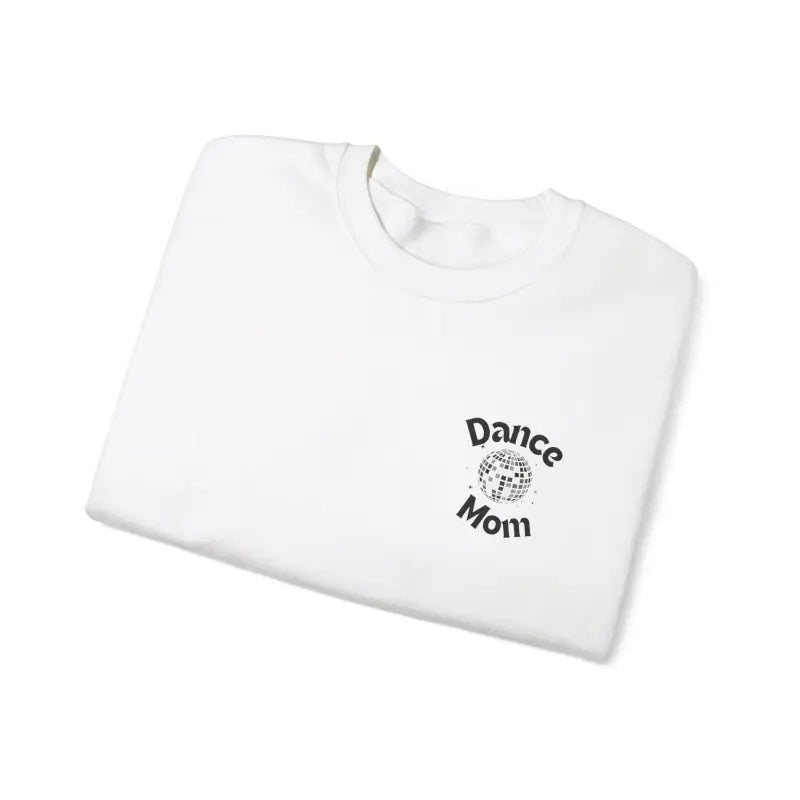 White t-shirt with ’Dance Mom’ text and a small circular design printed on it.