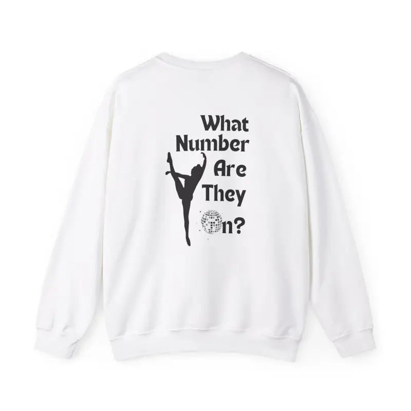 White sweatshirt with black text and a silhouette of a cheerleader doing a high kick.