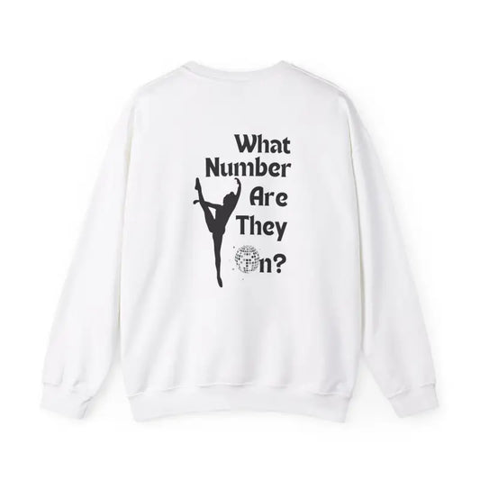 White sweatshirt with black text and a silhouette of a cheerleader doing a high kick.