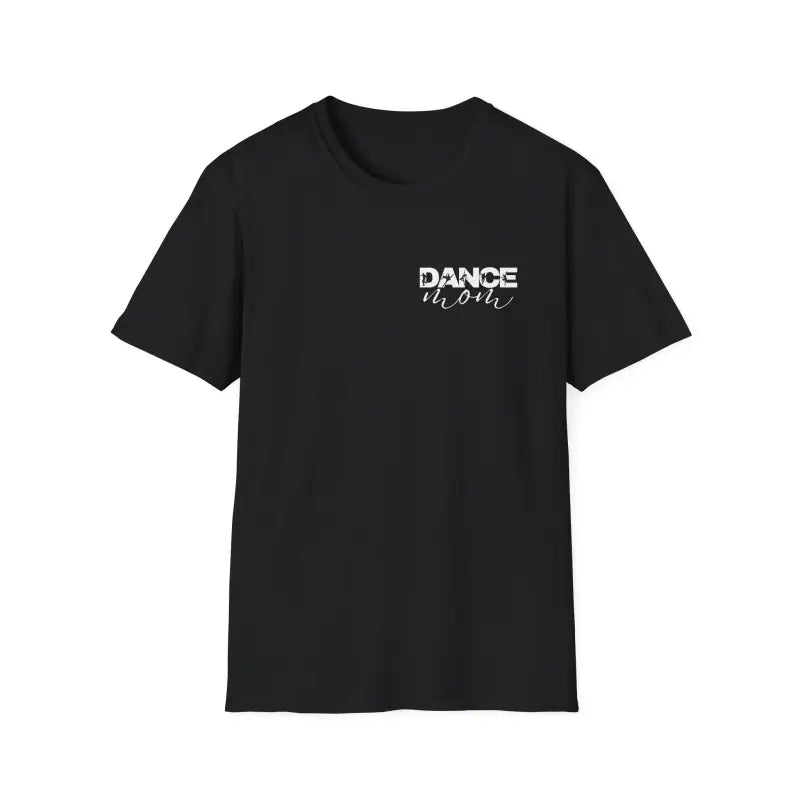 Black t-shirt with ’DANCE’ text printed in white on the chest.