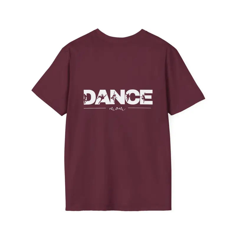 Burgundy t-shirt with ’DANCE’ text printed on the front.