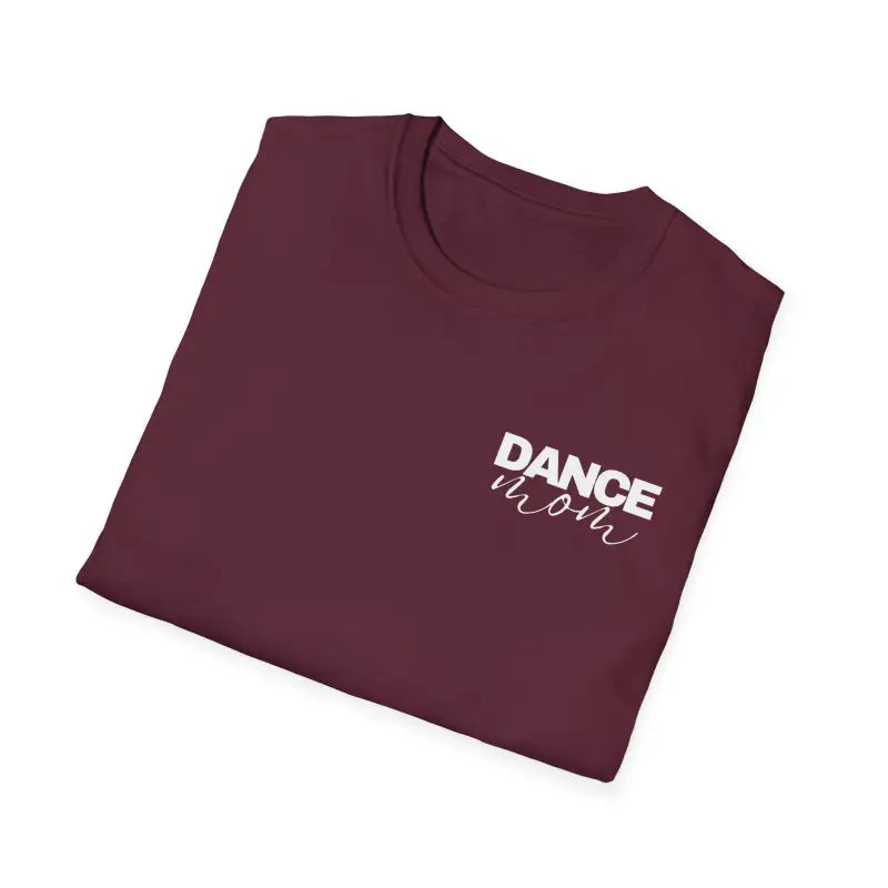 Burgundy t-shirt with ’DANCE MOM’ text printed in white.