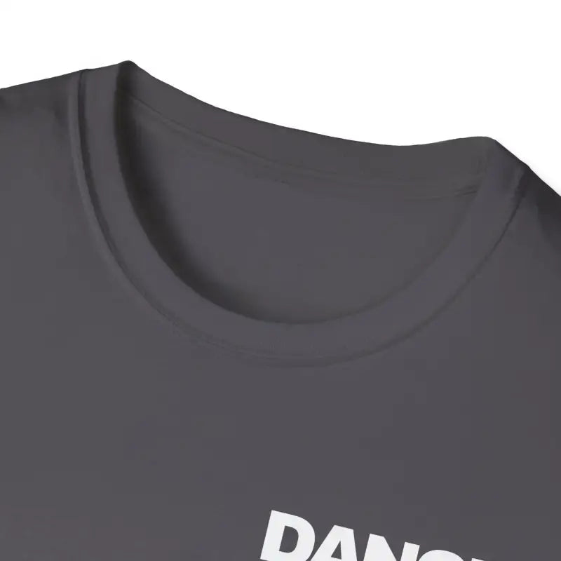 Dark gray t-shirt with white text visible on the chest area.