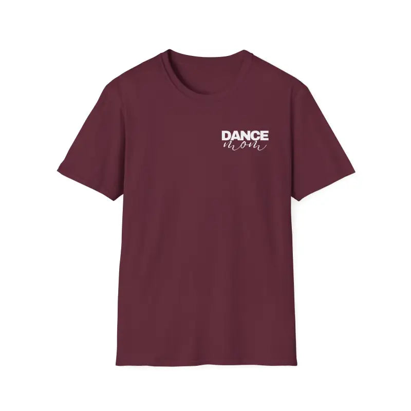 Burgundy t-shirt with ’DANCE’ text printed on the chest.