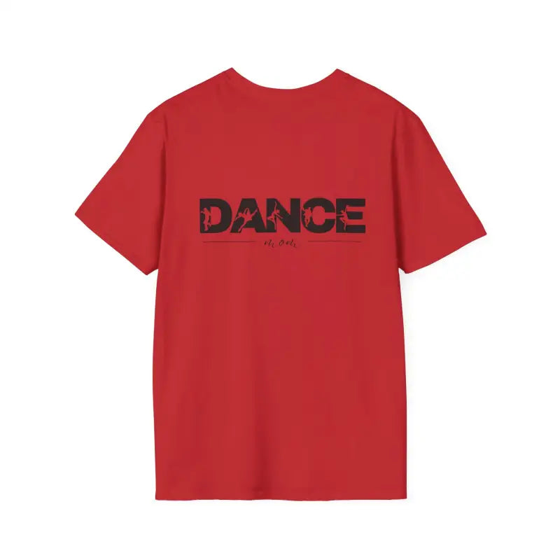 Red t-shirt with ’DANCE’ text printed in black.