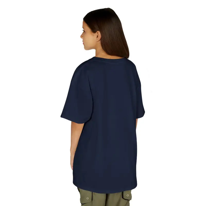 Navy blue short-sleeved t-shirt shown from the back view.