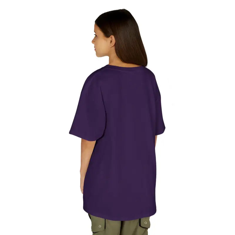 Purple short-sleeved t-shirt shown from the back view.