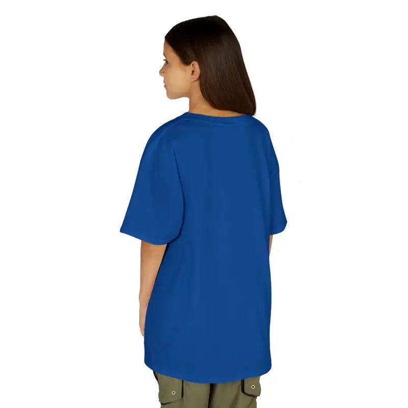 Royal blue short-sleeved t-shirt shown from the back view.