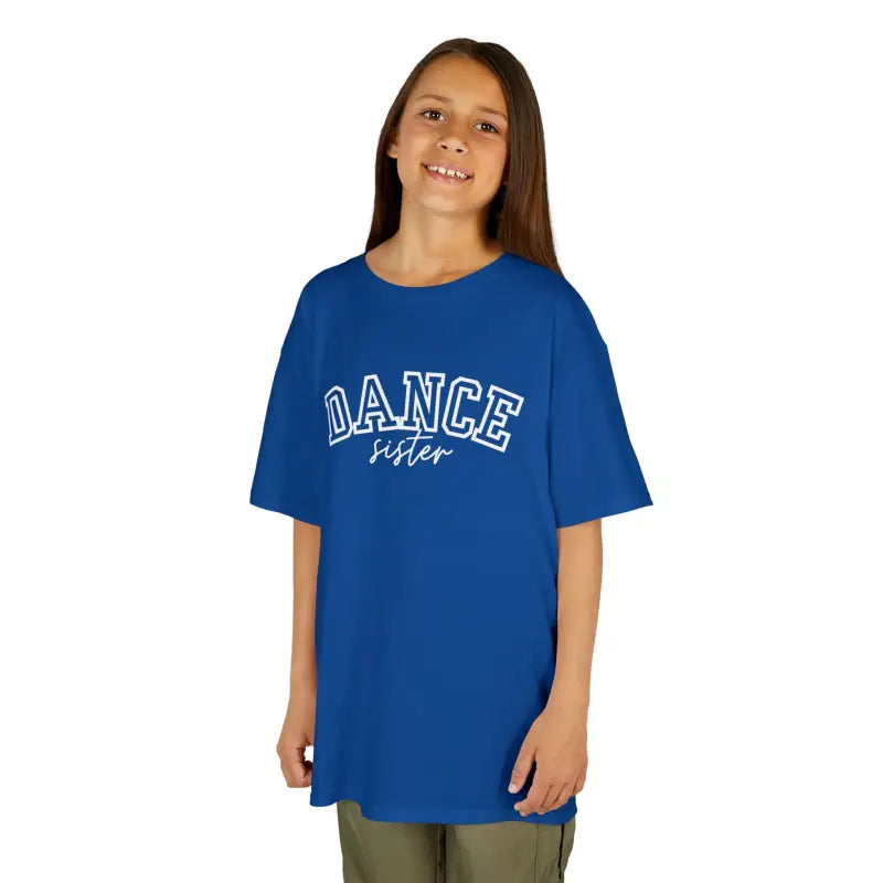 Royal blue t-shirt with ’DANCE sister’ text printed across the front.