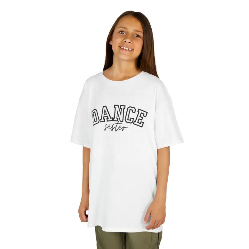 White t-shirt with ’DANCE sister’ text printed on the front.