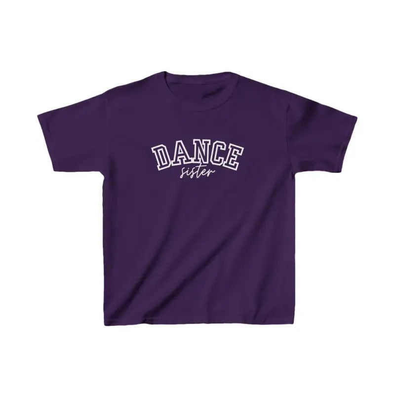 Purple t-shirt with ’DANCE sister’ text printed on the front.