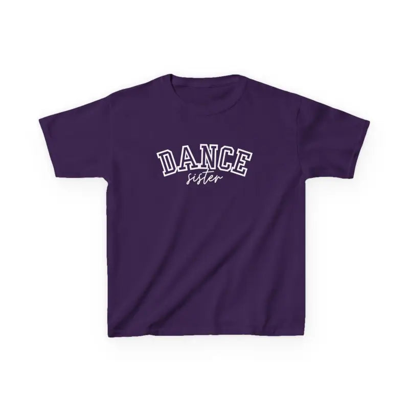Purple t-shirt with ’DANCE’ text printed in white lettering.