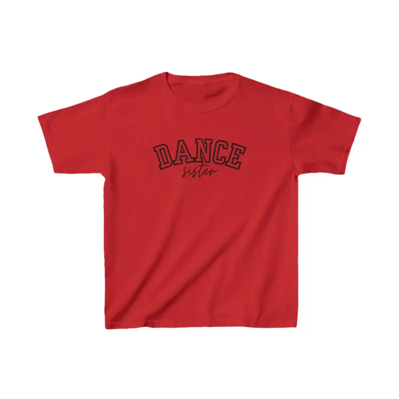 Red t-shirt with ’DANCE’ printed in black lettering on the front.