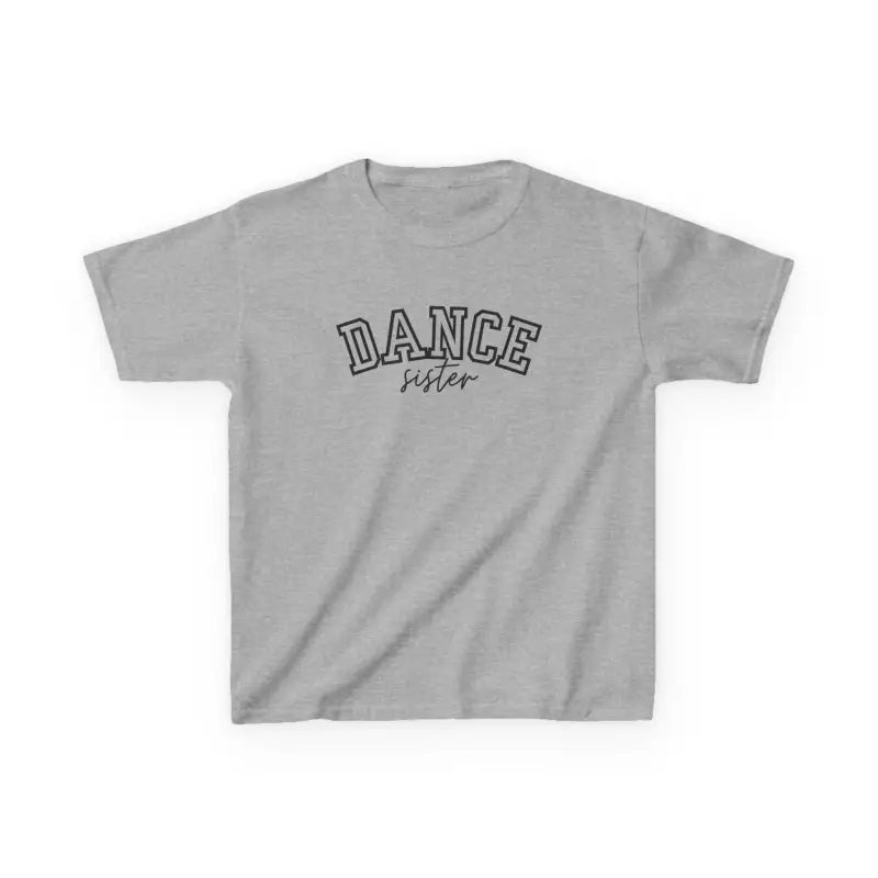 Gray t-shirt with ’DANCE’ text printed in black letters.