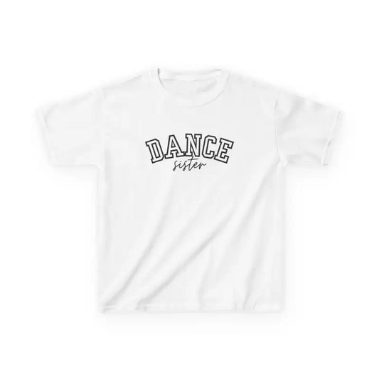 White t-shirt with ’DANCE’ text printed in black letters.