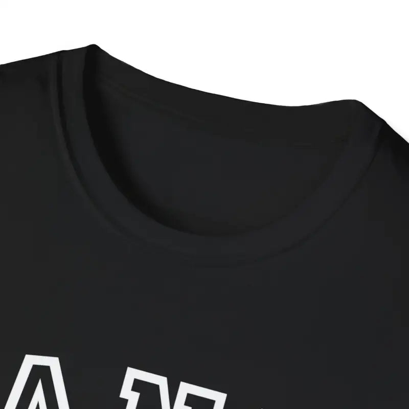 Black t-shirt with white text visible on the front.