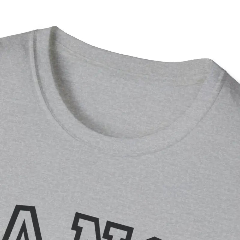 Gray t-shirt with a partial black text or logo visible at the bottom.