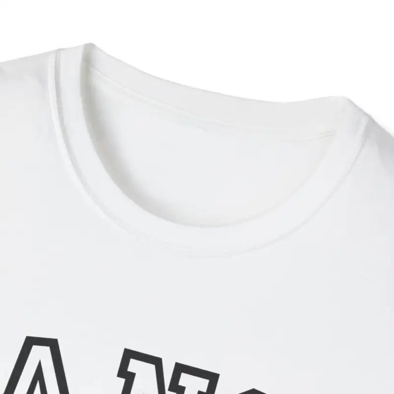 White t-shirt with partial black text visible on the front.
