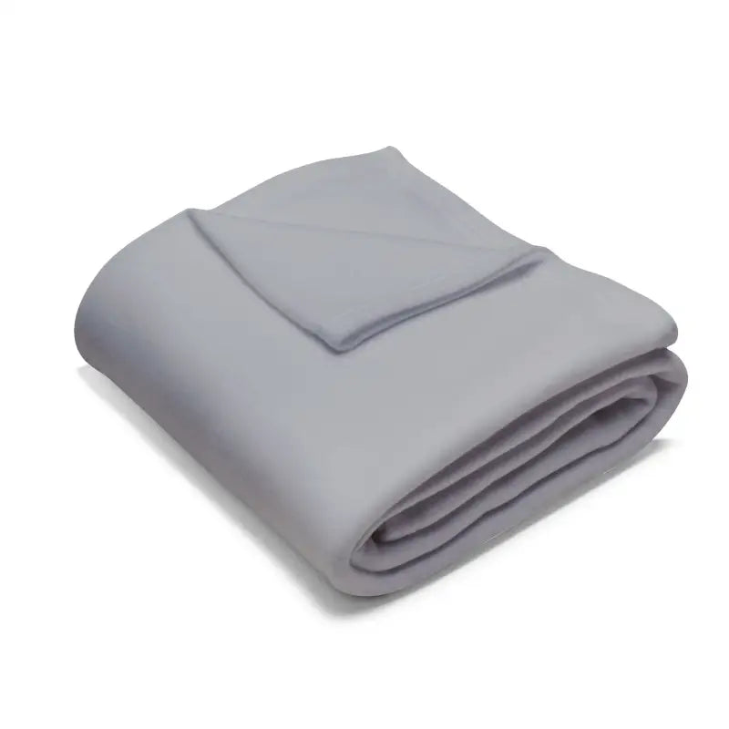 Folded gray fleece blanket with neat edges.
