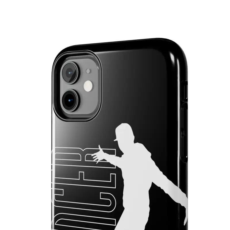 Black iPhone with a silhouetted figure decal on its back case.