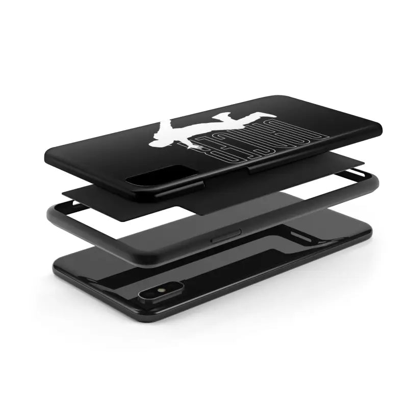 Exploded view of a black phone case with a gecko design.