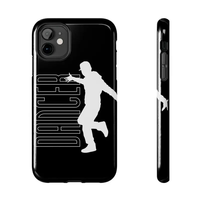 Black iPhone case featuring a white silhouette of a dancer with the word ’DANCER’ in outline text.