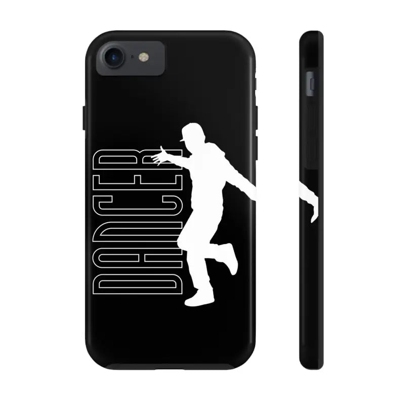 Black phone case featuring a white silhouette of a dancer with text.