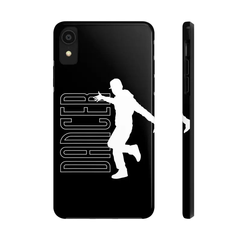 Black phone case featuring a white silhouette of a dancer with ’DANCER’ text.