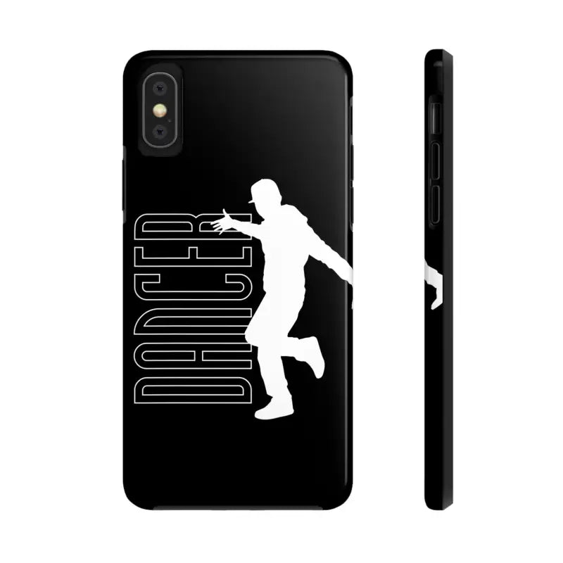 Black phone case featuring a white silhouette of a dancer with text.