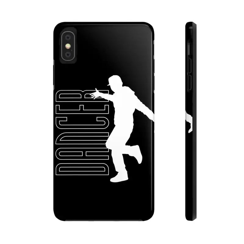Black phone case featuring a white silhouette of a dancer with the text ’DANCER’ beside it.
