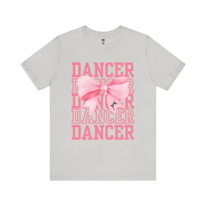 Light gray t-shirt with pink ’DANCER’ text and bow design printed on the front.