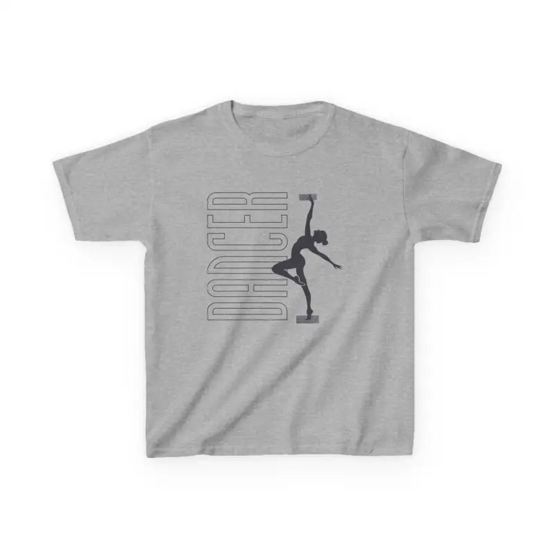 Grey t-shirt featuring a dancer silhouette design alongside vertical text.