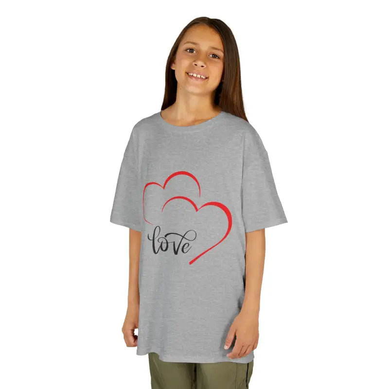 Grey t-shirt with red heart outlines and ’love’ text design.