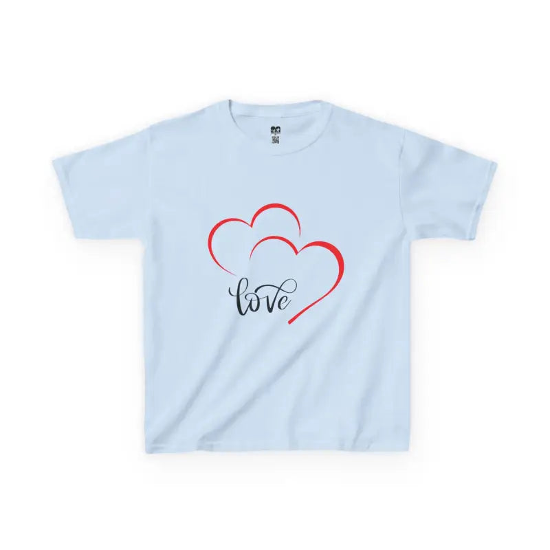 Light blue t-shirt with red heart outlines and ’love’ text design.