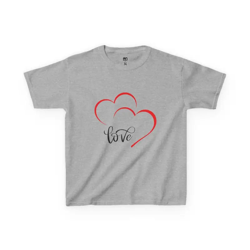 Grey t-shirt with red heart outlines and ’love’ text design.