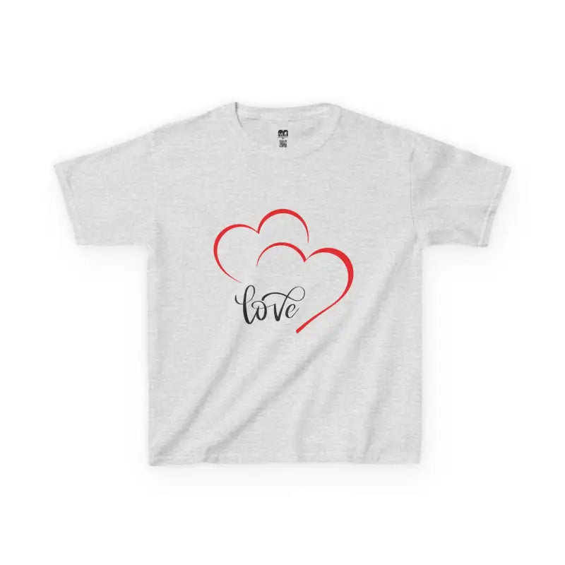 White t-shirt with red heart outlines and ’love’ text design.