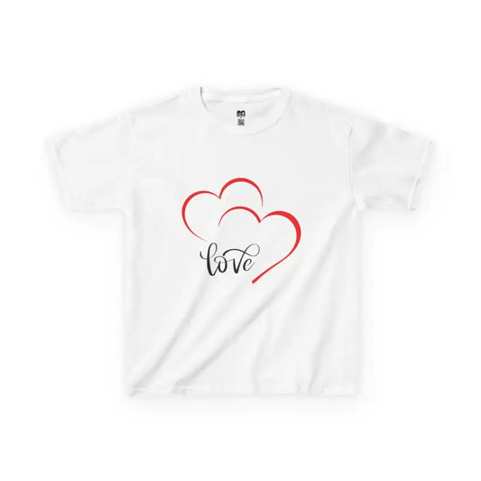 White t-shirt with red heart outlines and ’love’ text design.